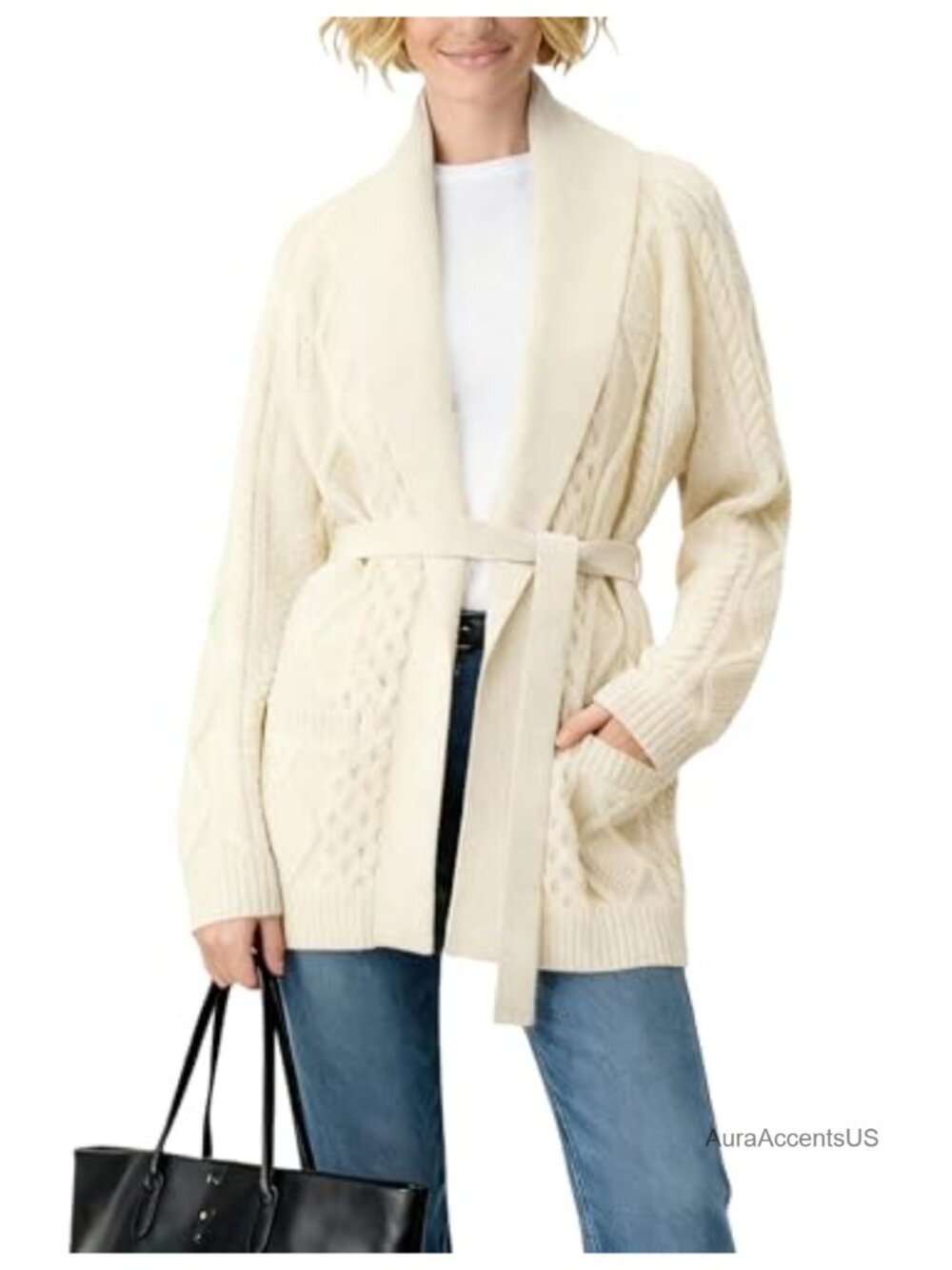 Cable Knit Open Front Cardigan Long Sleeve Wrap Sweater Removable Belt